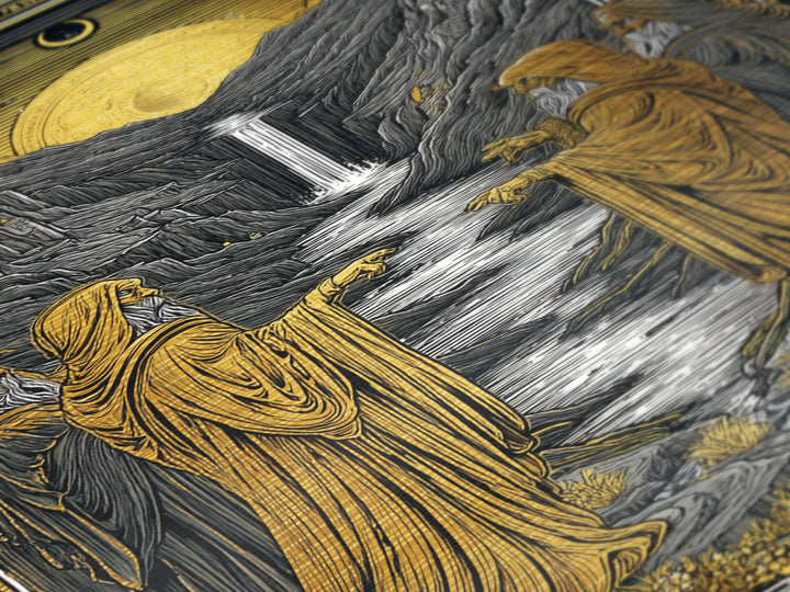 Golden Sun Over Waterfall Valley, Metallic Gold Metal Print, Mythical Landscape Fantasy Art, Real Wood Framed Wall Decor