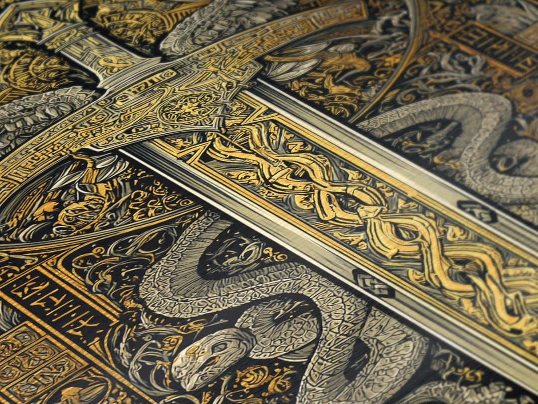 Ornate Sword With Serpents And Wings, Metallic Gold Metal Print, Medieval Fantasy Wall Art, Real Wood Framed Artwork