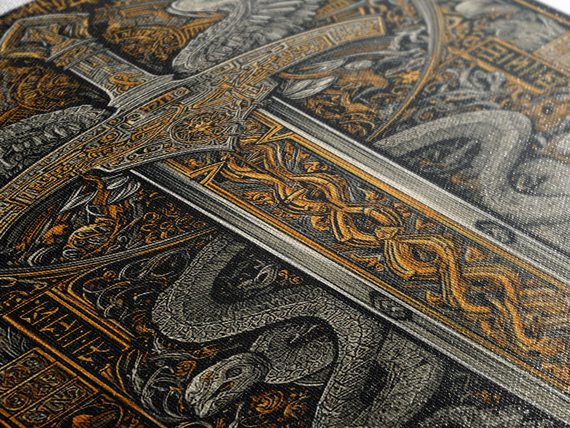 Ornate Sword With Serpents And Wings, Canvas Gold Canvas Print, Medieval Fantasy Wall Art, Real Wood Framed Artwork