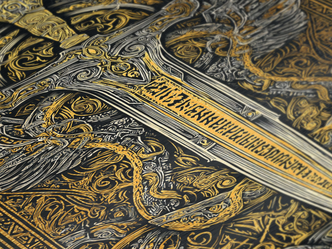 Winged Sword Surrounded By Dragons, Metallic Gold Art, Medieval Fantasy Metal Print, Real Wood Framed Mythical Decor