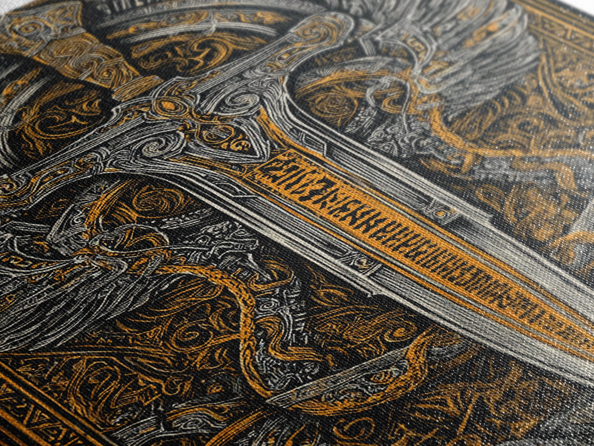 Winged Sword Surrounded By Dragons, Canvas Gold Art, Medieval Fantasy Canvas Print, Real Wood Framed Mythical Decor