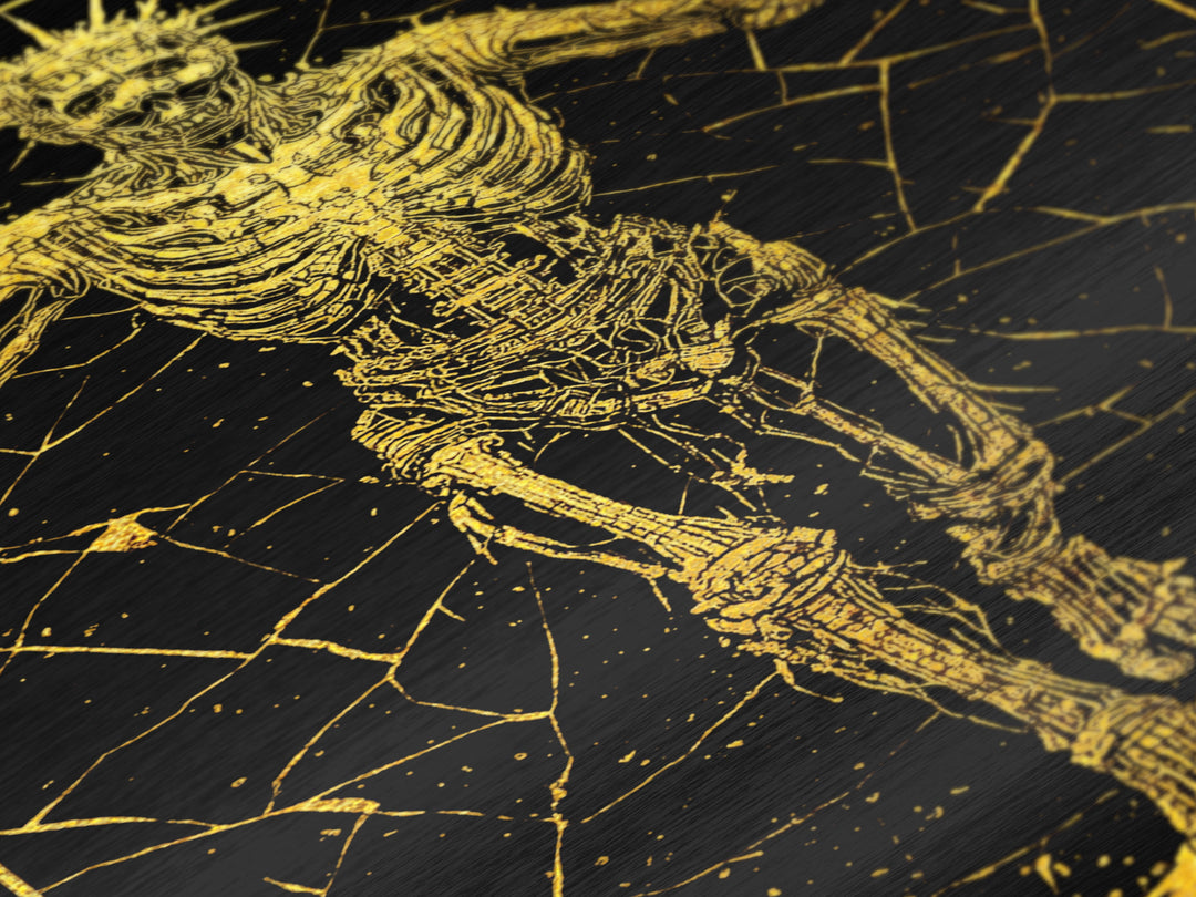 Golden Skeleton With Radiant Crown, Metallic Gold Art, Mythical Dark Fantasy Wall Print, Real Wood Framed Decor
