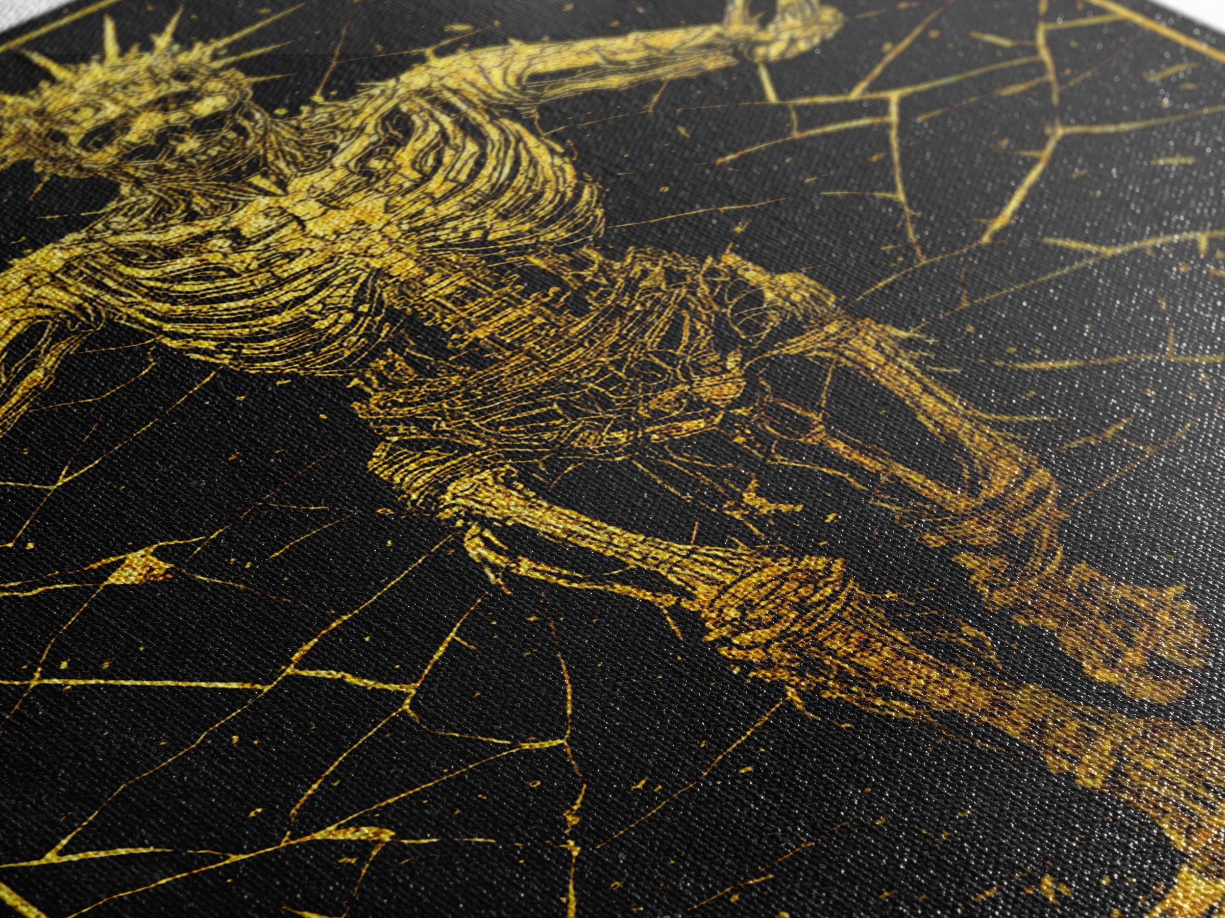Golden Skeleton With Radiant Crown, Canvas Gold Art, Mythical Dark Fantasy Wall Print, Real Wood Framed Decor