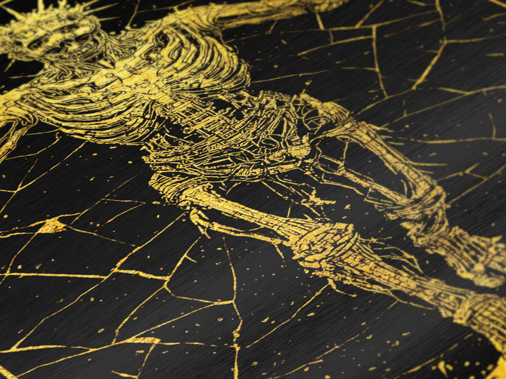 Golden Skeleton With Radiant Crown, Metallic Gold Art, Mythical Dark Fantasy Wall Print, Real Wood Framed Decor