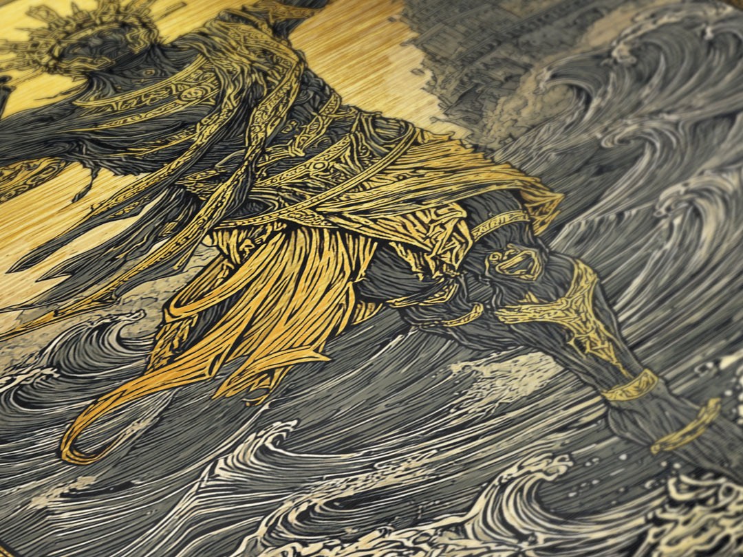 Sea God Statue Rising From Waves, Metallic Gold Metal Print, Mythical Ocean Fantasy Wall Art, Real Wood Framed Decor