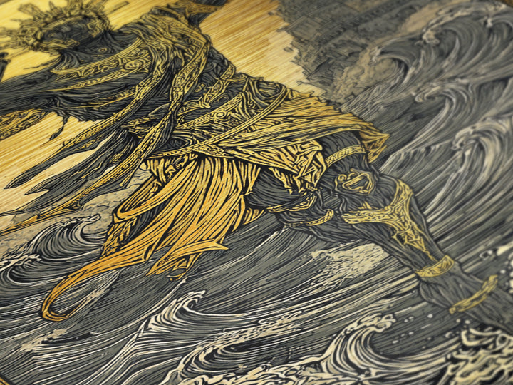 Sea God Statue Rising From Waves, Metallic Gold Metal Print, Mythical Ocean Fantasy Wall Art, Real Wood Framed Decor