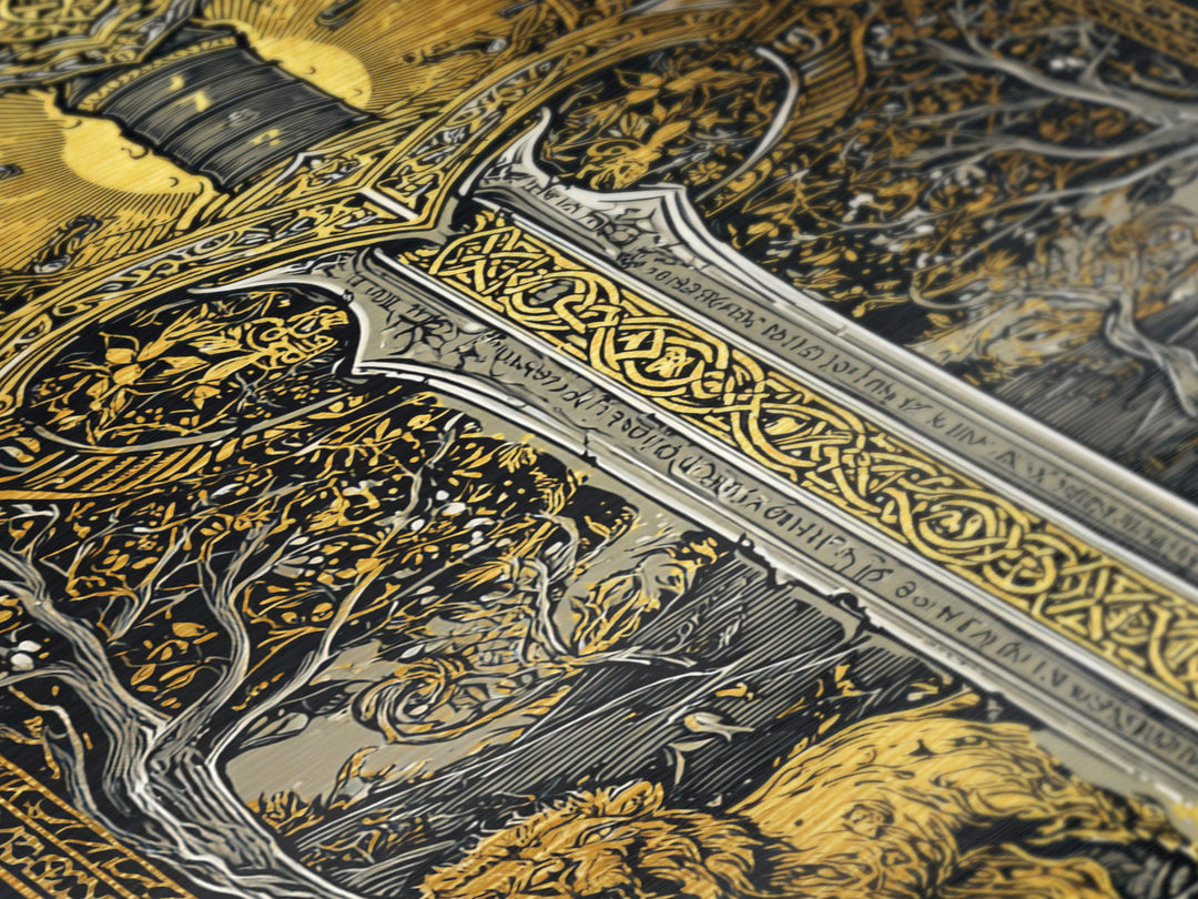 Sword With Lion And Ram Guardians, Metallic Gold Metal Print, Mythical Medieval Wall Art, Real Wood Framed Fantasy Decor