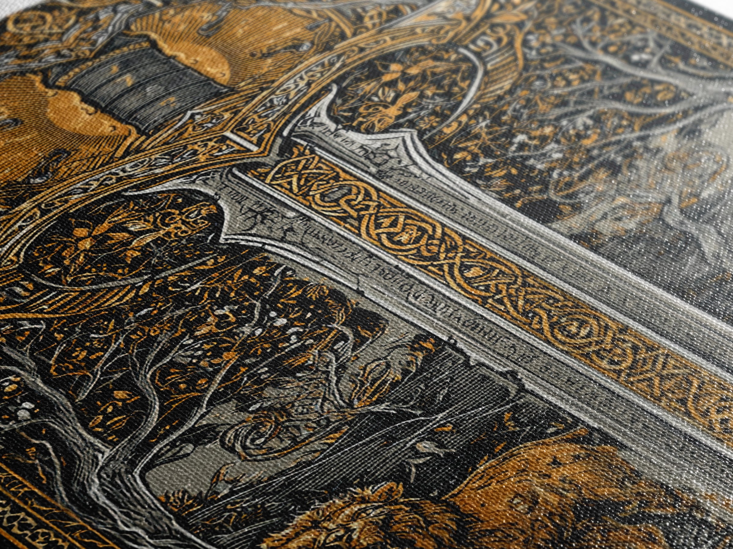 Sword With Lion And Ram Guardians, Canvas Gold Canvas Print, Mythical Medieval Wall Art, Real Wood Framed Fantasy Decor