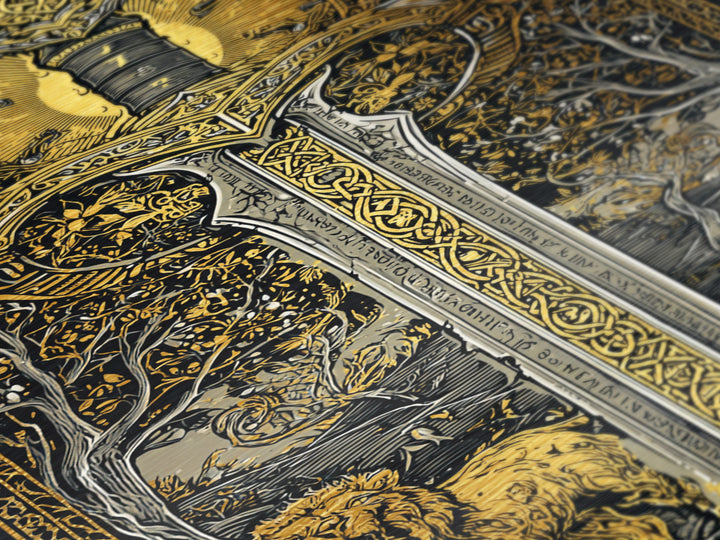 Sword With Lion And Ram Guardians, Metallic Gold Metal Print, Mythical Medieval Wall Art, Real Wood Framed Fantasy Decor