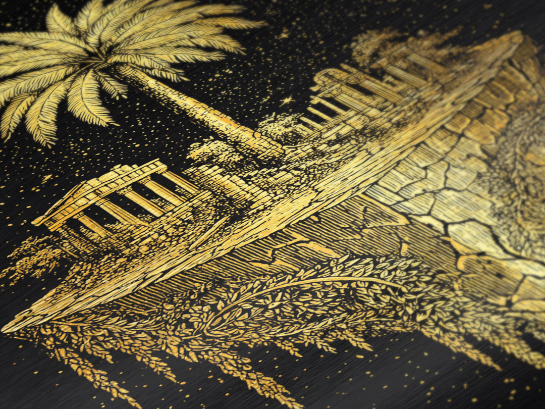 Floating Island Ruins Metallic Gold Art, Ancient Greek Temple Metal Print, Real Wood Frame Mythology Decor