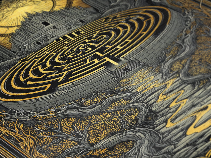 Labyrinth Path Metallic Gold Metal Print, Ancient Maze Wall Art, Real Wood Frame Mythology Inspired Decor