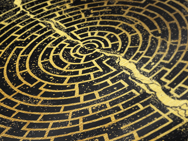 Circular Labyrinth Metallic Gold Art, Ancient Greek Maze Metal Print, Real Wood Frame Mythology Wall Decor