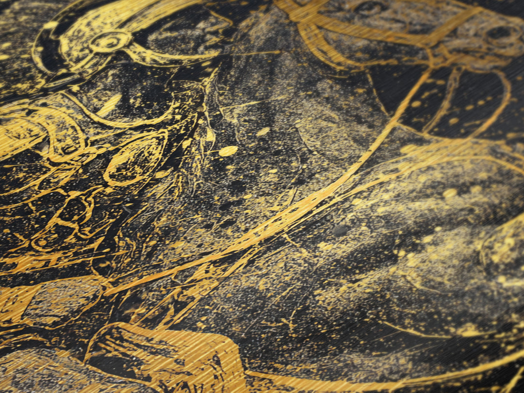 Spartan Horseback Warrior in Motion – Metallic Gold Art, Splatter Style Metal Art, Ancient Greek Military Wall Decor