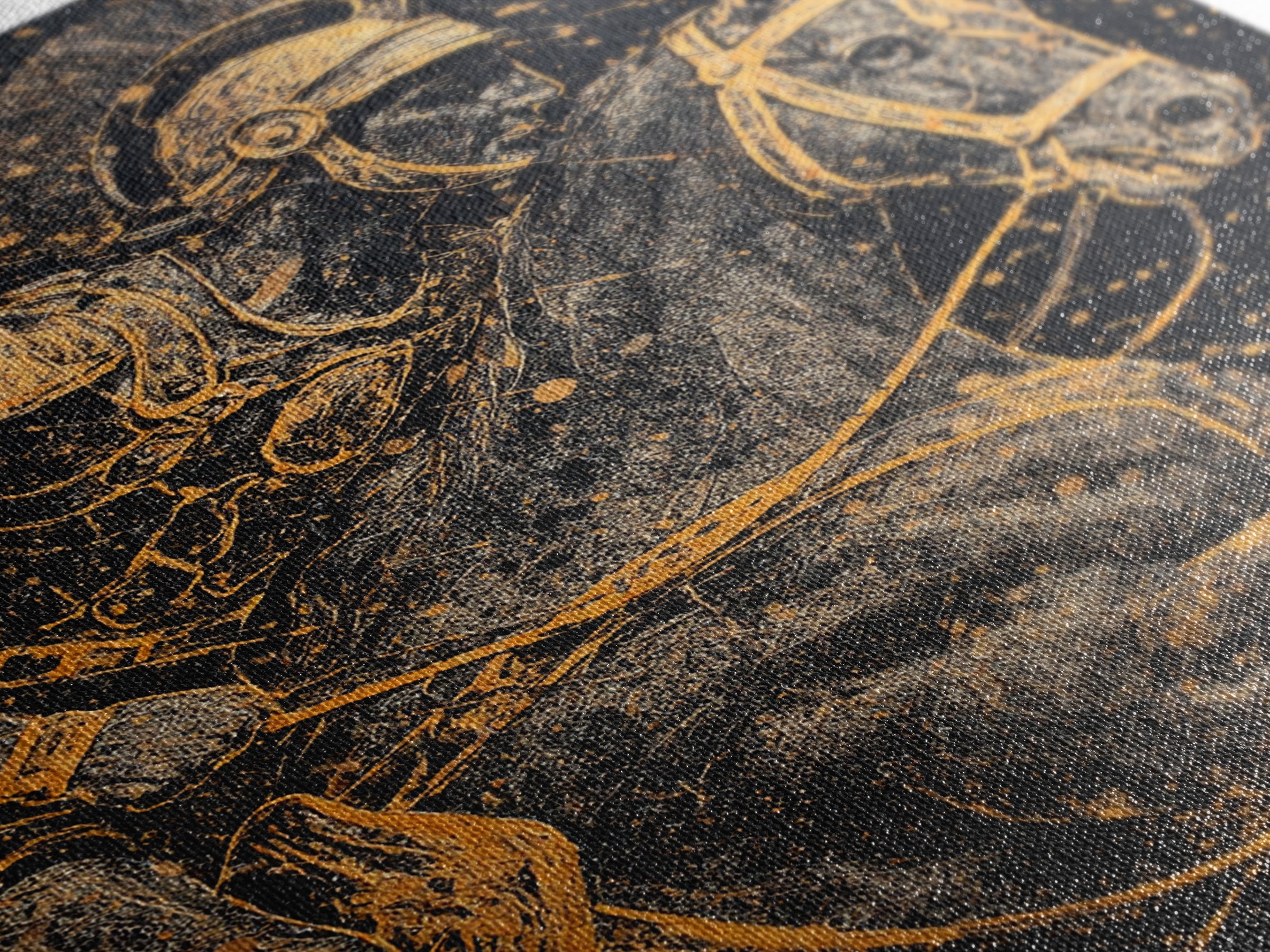 Spartan Horseback Warrior in Motion – Canvas Gold Art, Splatter Style Canvas Art, Ancient Greek Military Wall Decor