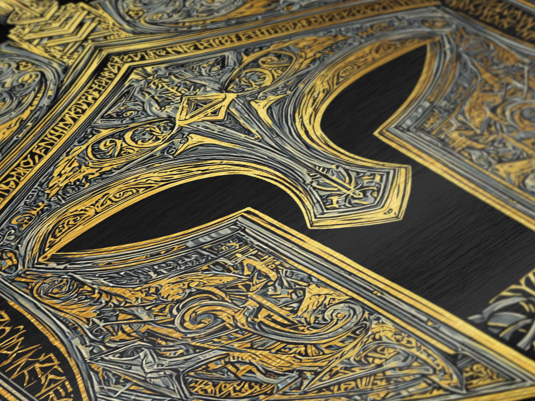 Runic-Inspired Spartan Helmet in Regal Filigree – Metallic Gold Art, Real Wood Framed Metal Art, Ancient Warrior Wall Feature