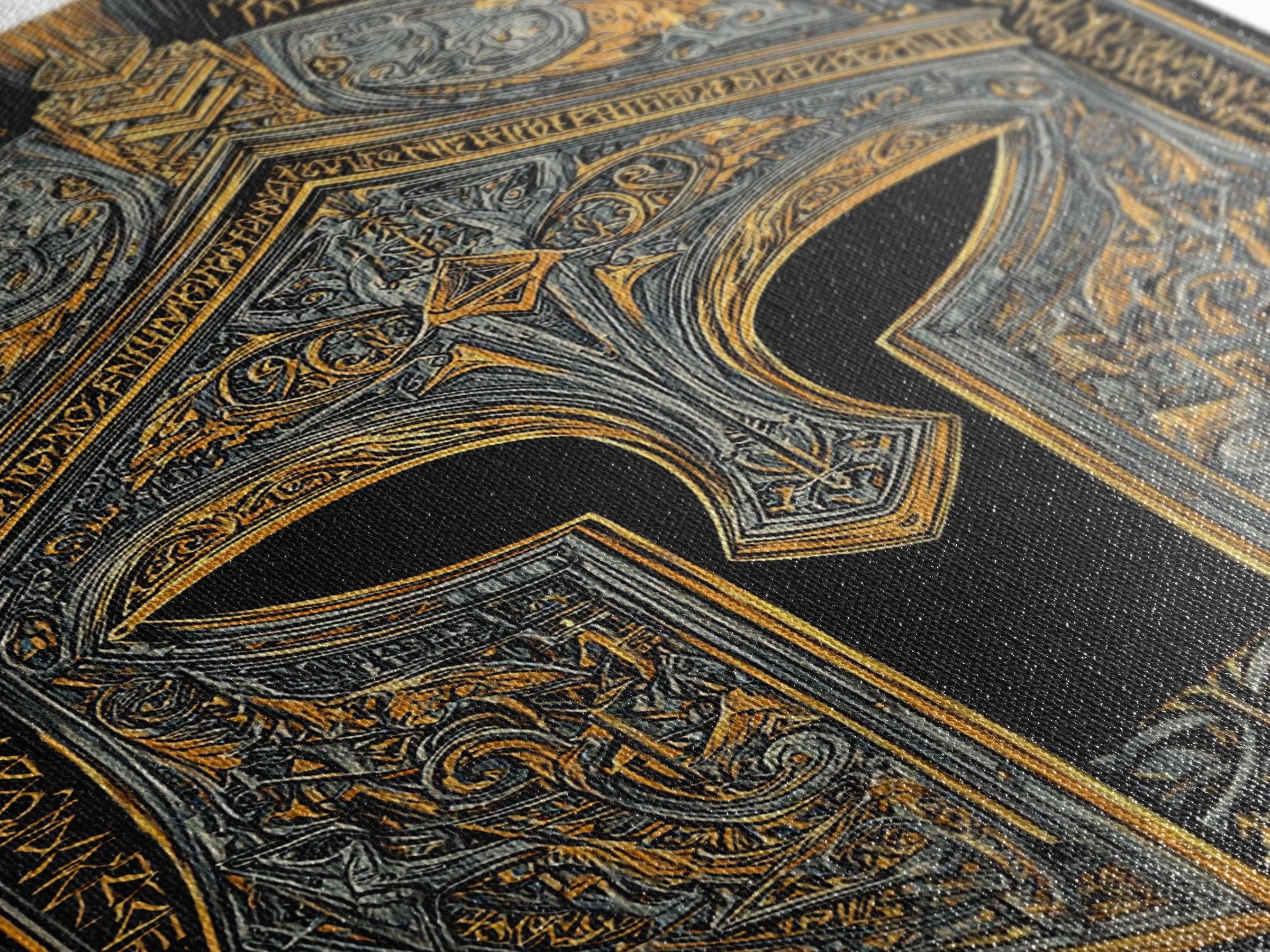 Runic-Inspired Spartan Helmet in Regal Filigree – Canvas Gold Art, Real Wood Framed Canvas Art, Ancient Warrior Wall Feature