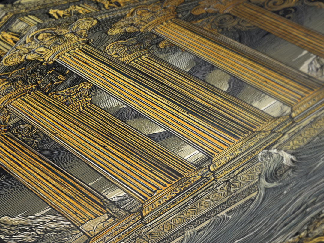 Temple Of The Gods, Mythological Architecture, Metallic Gold Metal Print, Real Wood Frame Wall Art