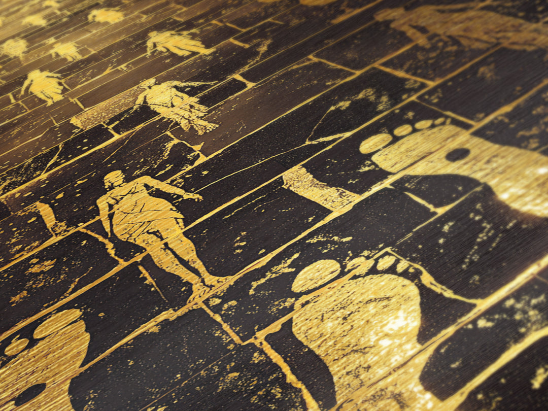 Golden Pathway Of Eternity, Mythic Footsteps, Metallic Gold Metal Print, Real Wood Frame Wall Art
