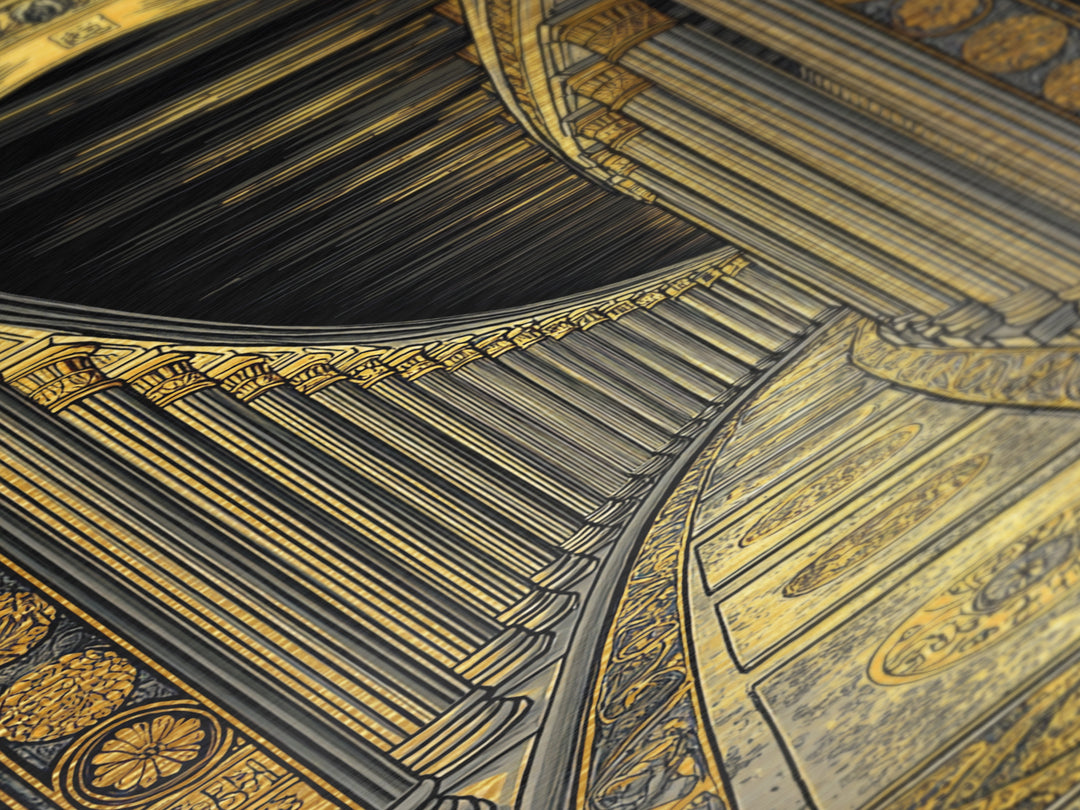 Endless Colonnade, Ancient Architecture Corridor, Metallic Gold Metal Print, Real Wood Frame Wall Art
