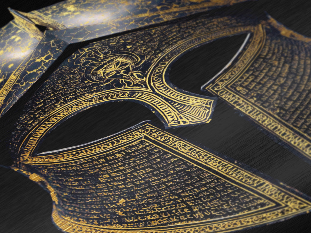 Ancient Greek Helmet with Cracked Texture and Text – Metallic Gold Art, Real Wood Frame Metal Art, Historical Spartan Wall Decor