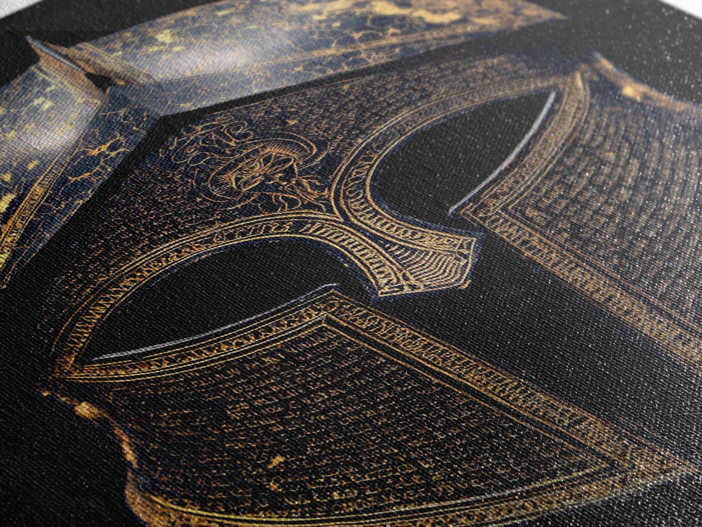 Ancient Greek Helmet with Cracked Texture and Text – Canvas Gold Art, Real Wood Frame Canvas Art, Historical Spartan Wall Decor
