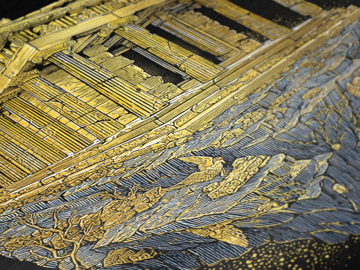Floating Ancient Temple, Surreal Greek Ruins, Metallic Gold Metal Print, Real Wood Frame Wall Art