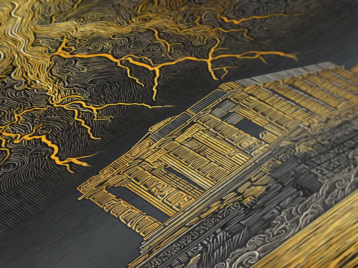 Parthenon With Lightning Storm, Dramatic Greek Myth Wall Art, Metallic Gold Metal Print, Ancient Decor, Wood Frame