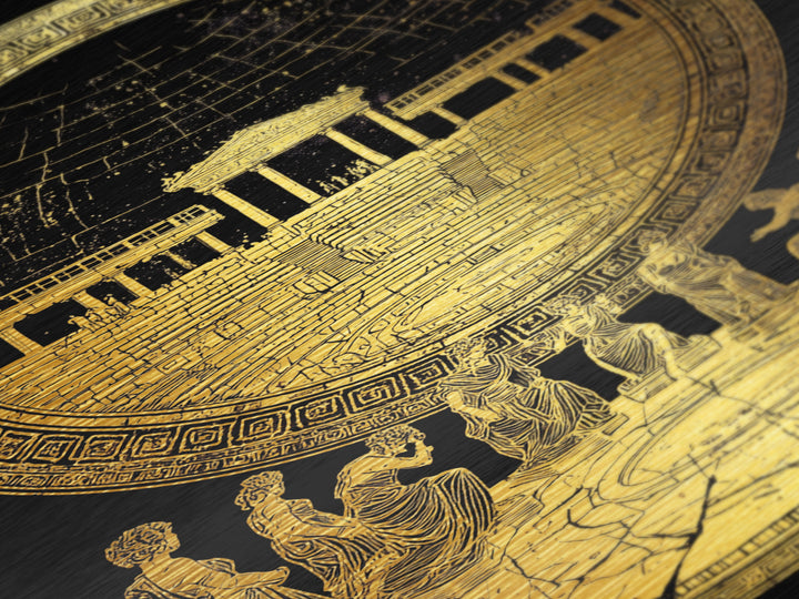 Greek Amphitheater With Muses, Ancient Mythology Wall Decor, Metallic Gold Metal Print, Classical Art, Wood Frame