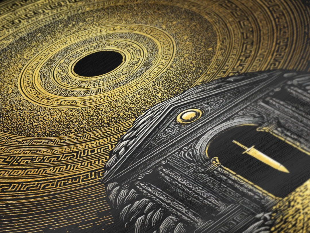 Sword Temple Cosmic Design, Mythology Wall Art, Metallic Gold Metal Print, Fantasy Decor, Ancient Architecture, Wood Frame
