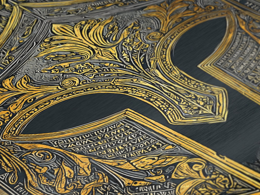 Floral Greco-Roman Helmet with Scripted Detail – Metallic Gold Art, Real Wood Framed Metal Art, Ornate Classical Warrior Print