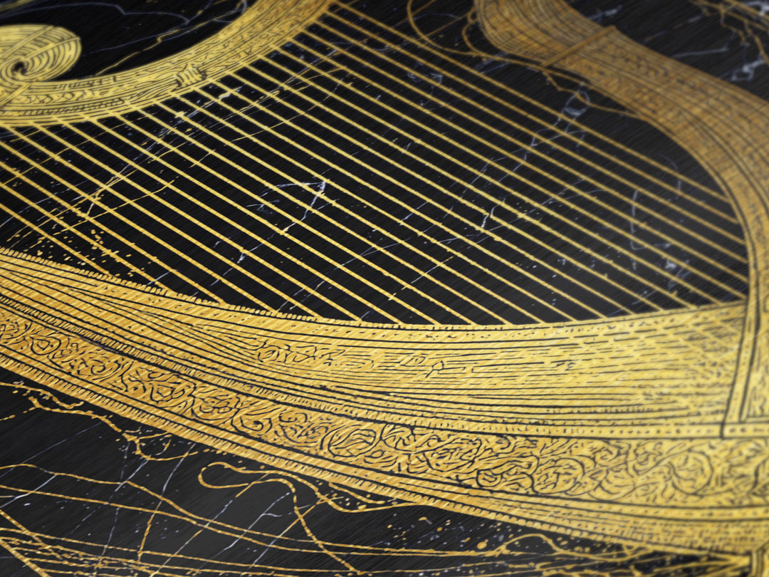 Golden Harp on Marble with Ornamental Lines – Metallic Gold Art, Metal Art in Real Wood Frame, Classical Music Instrument Decor