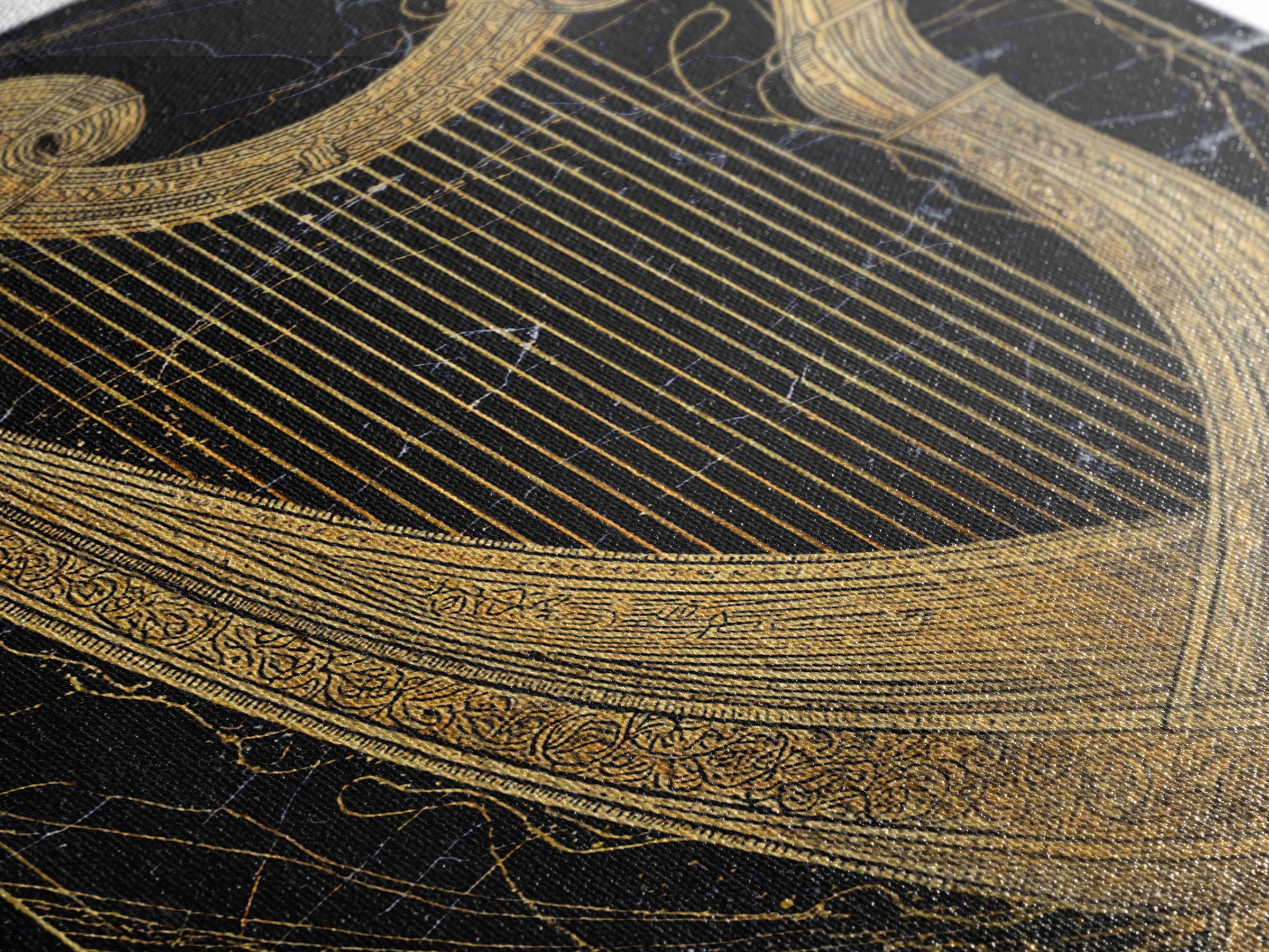Golden Harp on Marble with Ornamental Lines – Canvas Gold Art, Canvas Art in Real Wood Frame, Classical Music Instrument Decor