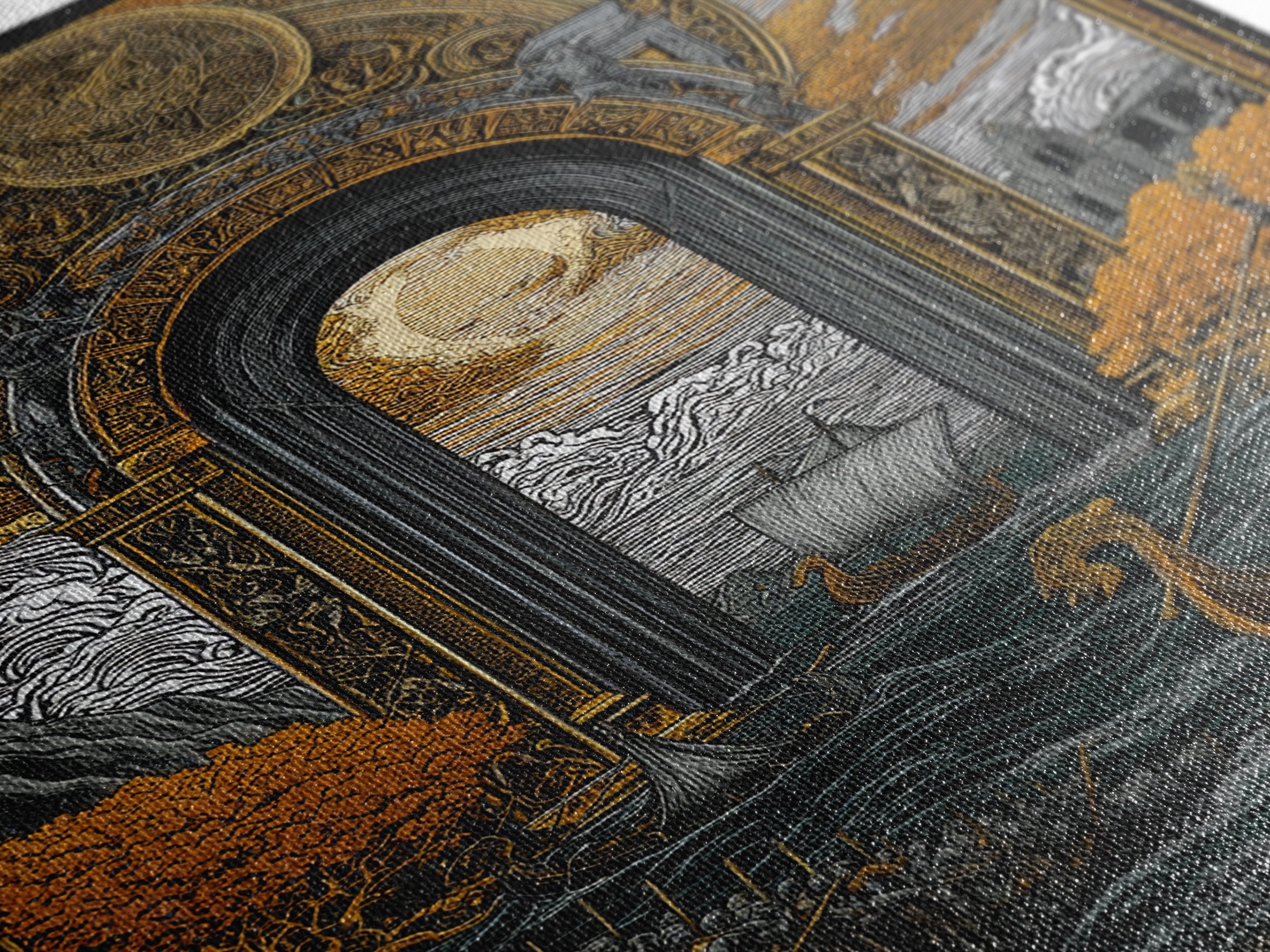 Viking Longships Through Mythic Gate – Canvas Gold Art, Epic Seafaring Canvas Art in Real Wood Frame, Norse Voyage Wall Print