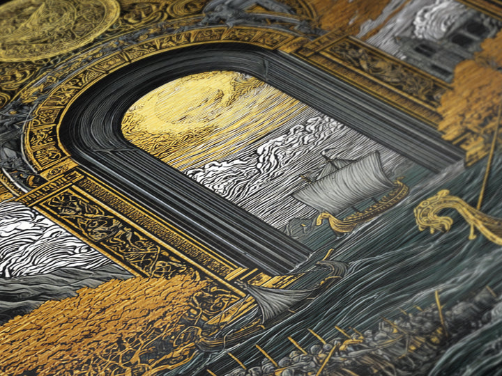 Viking Longships Through Mythic Gate – Metallic Gold Art, Epic Seafaring Metal Art in Real Wood Frame, Norse Voyage Wall Print