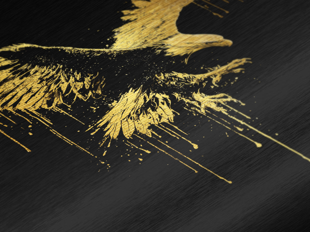 Flying Gold Splatter Eagle in Mid-Descent – Metallic Gold Art, Real Wood Framed Metal Art, Dynamic Bird of Prey Wall Statement