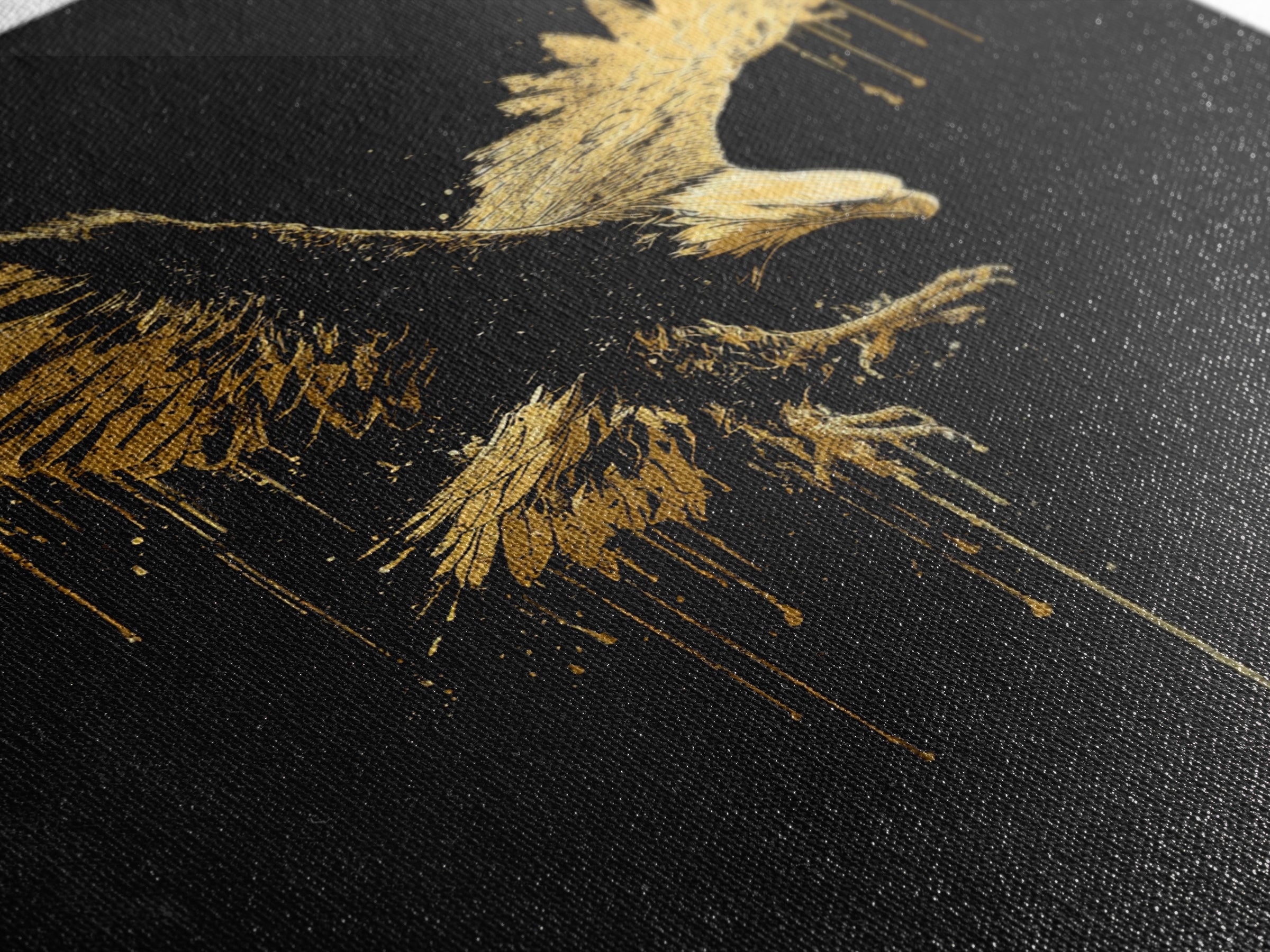 Flying Gold Splatter Eagle in Mid-Descent – Canvas Gold Art, Real Wood Framed Canvas Art, Dynamic Bird of Prey Wall Statement