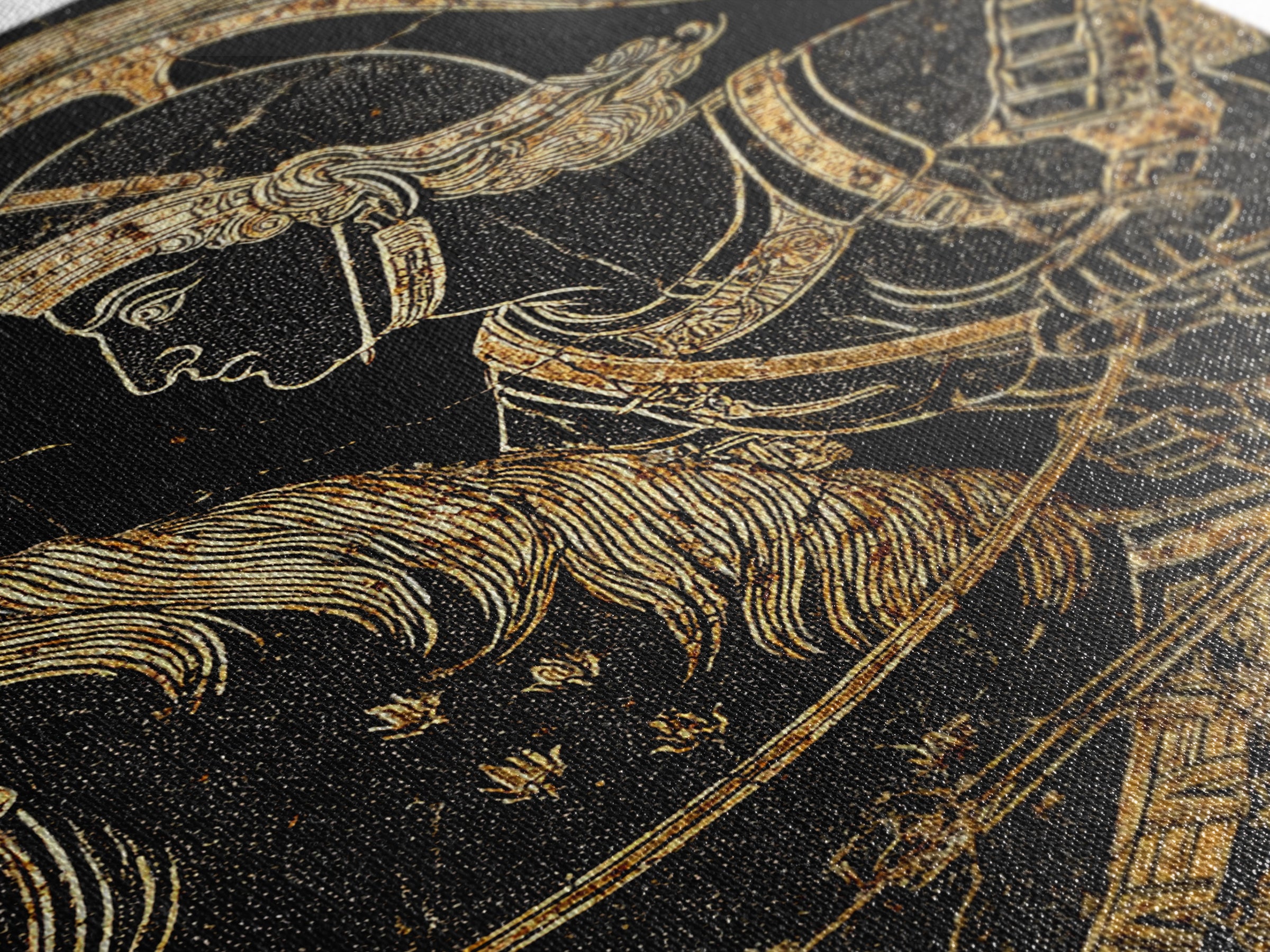 Ancient Greek Vase-Inspired Horseback Warrior – Canvas Gold Art, Classic Antiquity Linework Canvas Art, Mythic Wall Decor