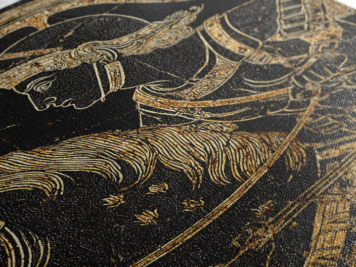 Ancient Greek Vase-Inspired Horseback Warrior – Canvas Gold Art, Classic Antiquity Linework Canvas Art, Mythic Wall Decor