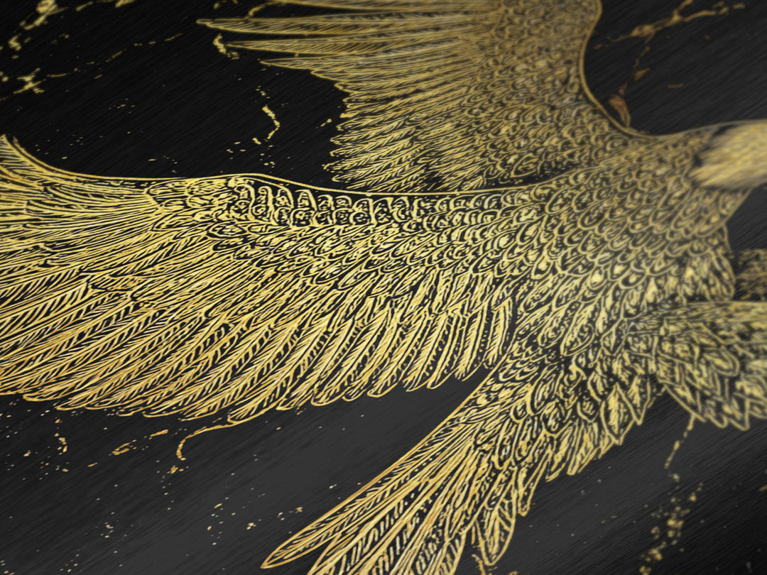 Detailed Golden Eagle with Spread Wings – Metallic Gold Art, Precision Linework Metal Art in Real Wood Frame, Regal Animal Decor