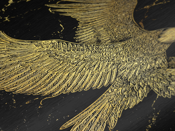 Detailed Golden Eagle with Spread Wings – Metallic Gold Art, Precision Linework Metal Art in Real Wood Frame, Regal Animal Decor
