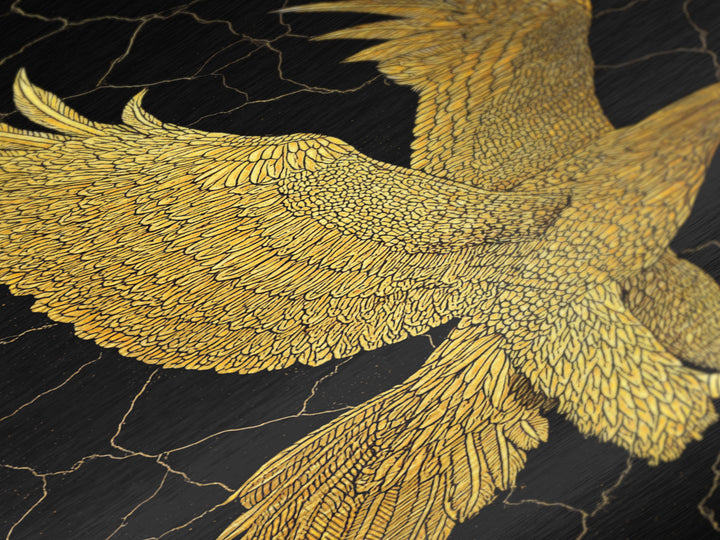 Golden Eagle Metal Art, Metal Print in Metallic Gold, Framed Metal Wall Art with Real Wood Frame, Black Background Luxury Wildlife Decor