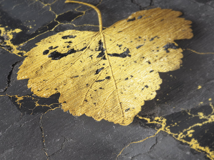 Gold Leaf on Black Marble Metal Art, Metallic Gold Metal Print, Framed Metal Wall Art with Real Wood Frame, Minimalist Modern Decor