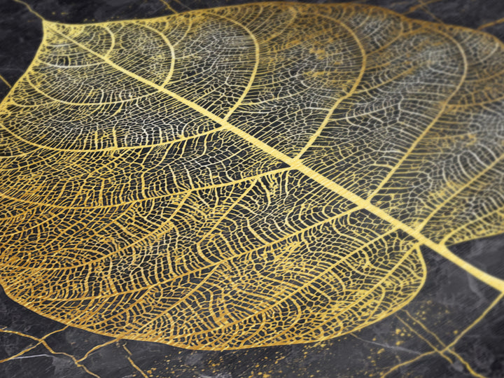 Skeleton Leaf Botanical Metal Art, Metallic Gold Metal Print, Framed Metal Wall Art with Real Wood Frame, Black Marble Nature Decor