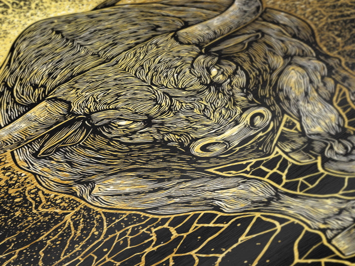 Charging Bull Metal Art, Metallic Gold Metal Print, Framed Metal Wall Art with Real Wood Frame, Powerful Animal Gallery Decor