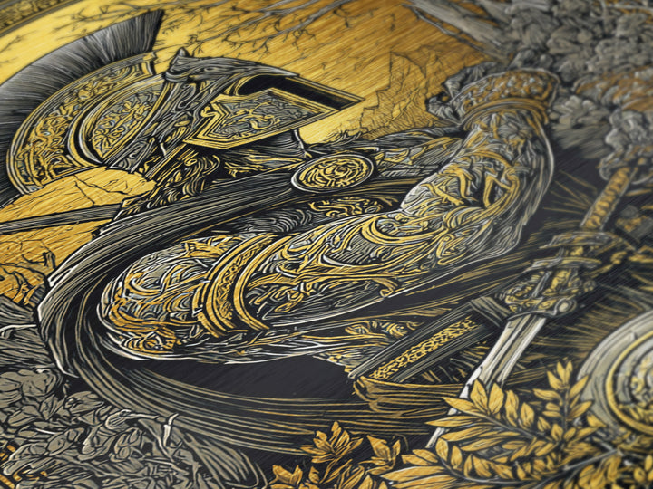 Spartan Soldier in Ornate Armor with Spear – Metallic Gold Art, Intricate Metal Art Print, Classical Greece Wall Hanging