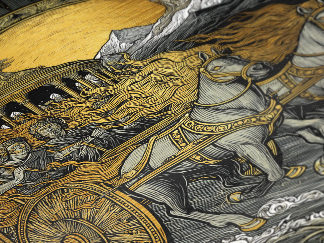 Sun Chariot Metallic Gold Metal Print, Framed Metal Wall Art with Real Wood Frame, Greek Myth Apollo Helios Horses Statement Decor