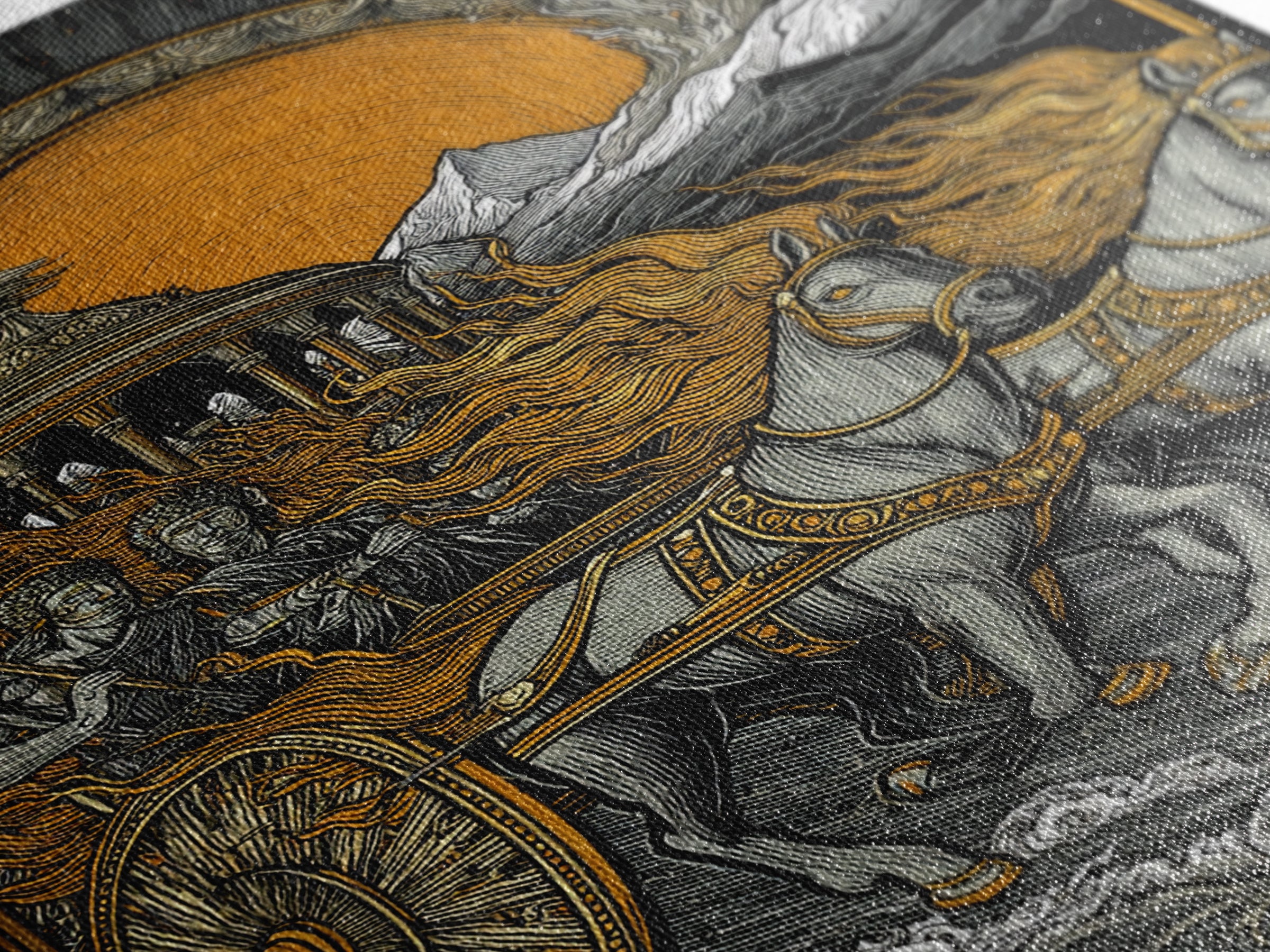 Sun Chariot Canvas Gold Canvas Print, Framed Canvas Wall Art with Real Wood Frame, Greek Myth Apollo Helios Horses Statement Decor