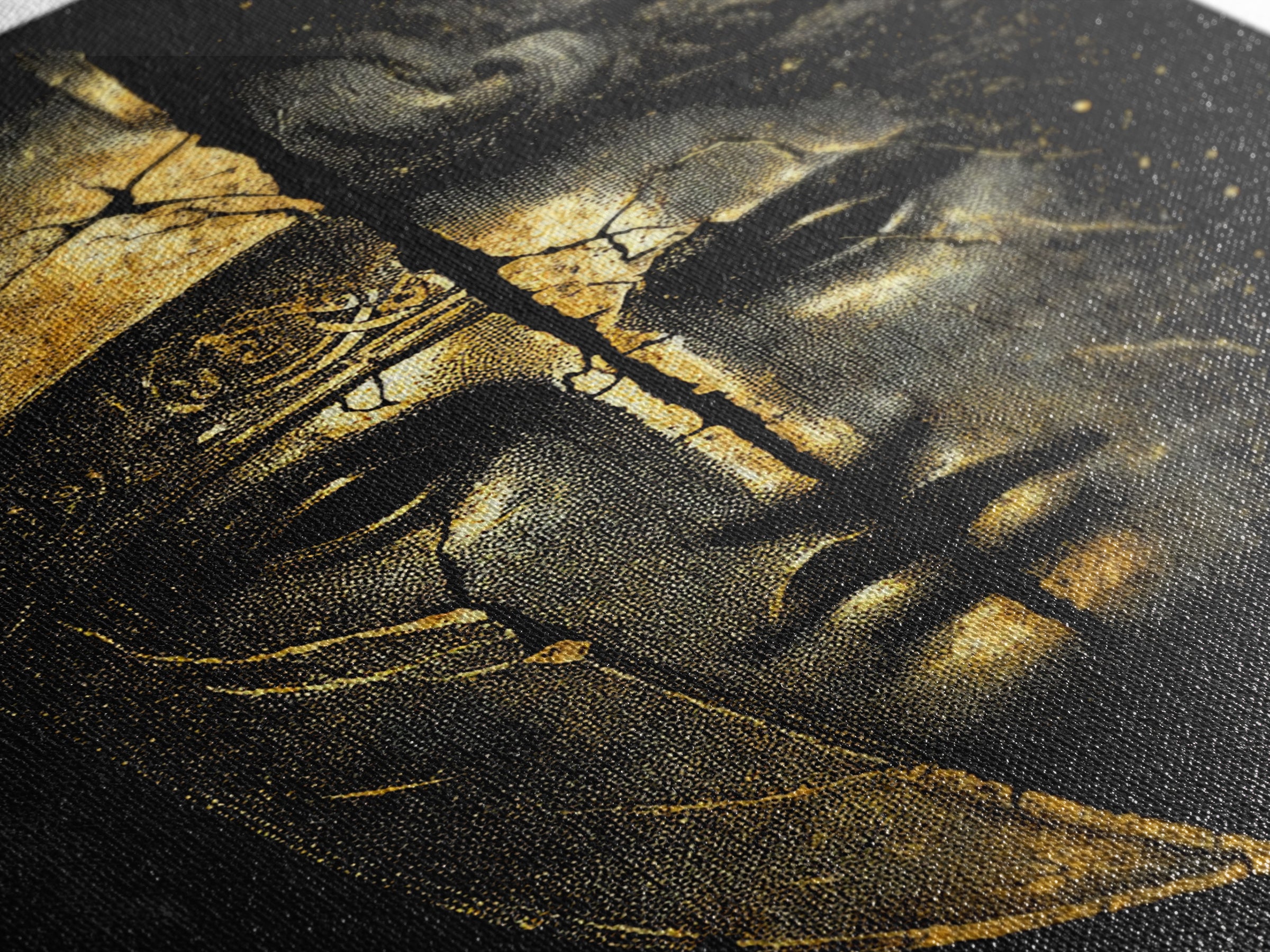 Ancient Warrior Mask Canvas Gold Canvas Print, Framed Canvas Wall Art with Real Wood Frame, Greek Helmet Cracked Kintsugi Decor