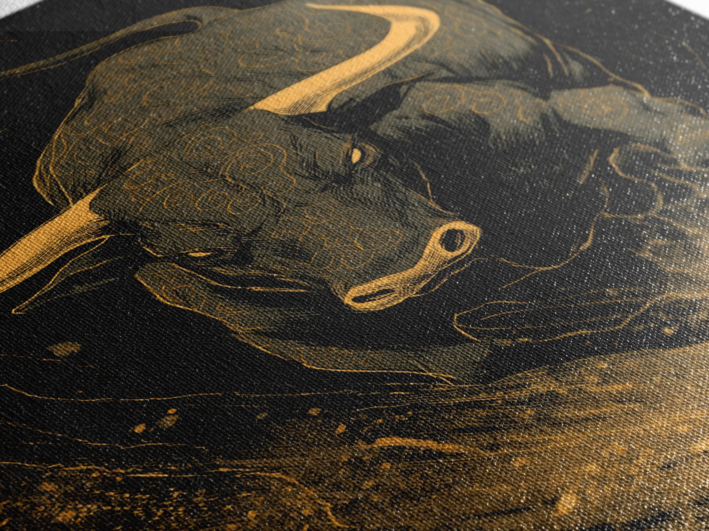 Bull Splash Canvas Gold Canvas Print, Framed Canvas Wall Art with Real Wood Frame, Powerful Charging Animal Black Gold Decor