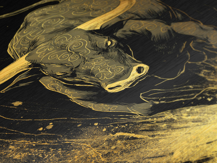 Bull Splash Metallic Gold Metal Print, Framed Metal Wall Art with Real Wood Frame, Powerful Charging Animal Black Gold Decor